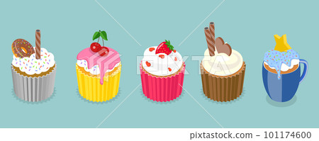 3D Isometric Flat Vector Set of Sweet Cupcakes 3D Isometric Flat Vector Set of Sweet Cupcakes 101174600