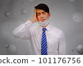 Asian man wear masks to protect PM 2.5 dust and air pollution and headache and sickness, air pollution concept, healthcare concept. 101176756