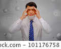 Asian man wear masks to protect PM 2.5 dust and air pollution and headache and sickness, air pollution concept, healthcare concept. 101176758