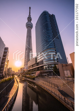 日本的東京城市景觀東京晴空塔和太陽（日落）等。 101177302