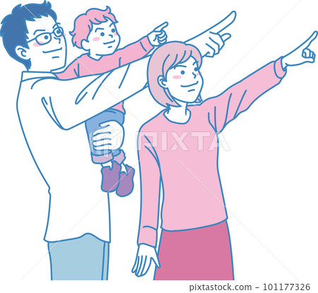 瞄準_指向_家庭_粉色藍色_尖銳的表情_年輕的父母和孩子指向同一個方向 瞄準_指向_家庭_粉色藍色_尖銳的表情_年輕的父母和孩子指向同一個方向 101177326