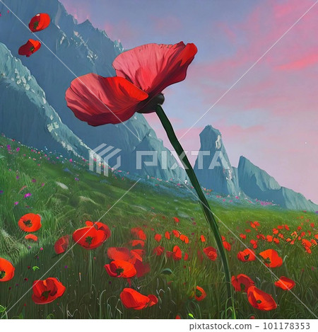 AI 生成的鮮豔紅色花朵在早晨的陽光下奇異地綻放 101178353