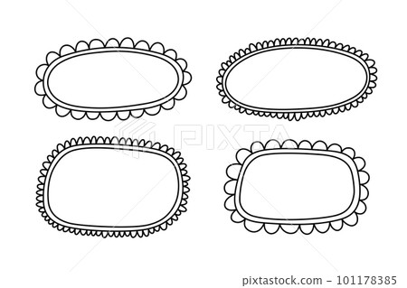 Doodle oval and square scalloped frames. Hand drawn scalloped edge rectangle and ellipse shapes. Simple label form. Flower silhouette lace frame. Vector illustration isolated on white background 101178385