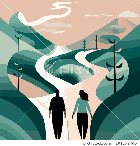 A couple walking along the road towards their goal among colorful hills and trees A couple walking along the road towards their goal among colorful hills and trees 101178400