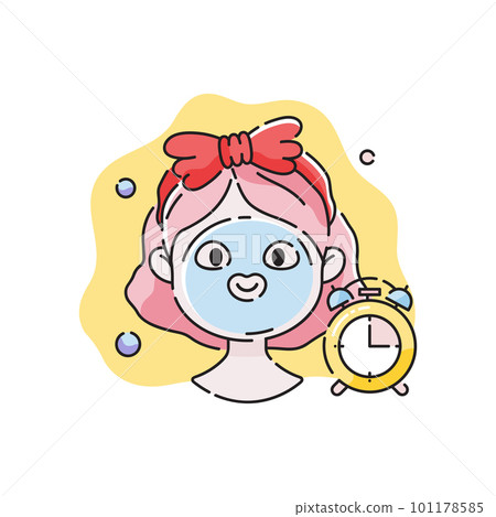 Young woman applying sheet face mask. Timer for 15 minutes. Mask instructions. Cosmetics procedure for skincare spa and beauty. Cute cartoon vector illustration Young woman applying sheet face mask. Timer for 15 minutes. Mask instructions. Cosmetics procedure for skincare spa and beauty. Cute cartoon vector illustration 101178585