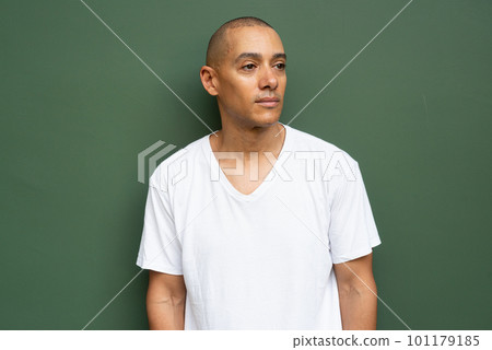Portrait of handsome bald man wearing t-shirt Portrait of handsome bald man wearing t-shirt 101179185
