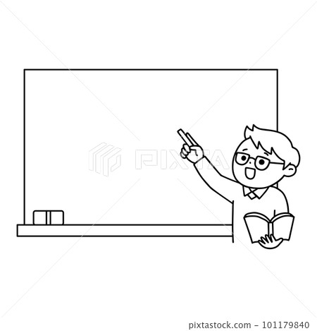 Illustration of a teacher teaching in front of a blackboard, male, line drawing, monochrome 101179840