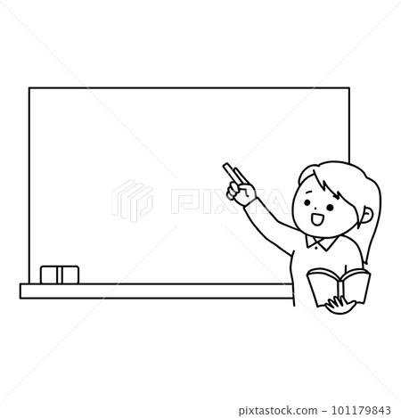 Illustration of a teacher teaching in front of a blackboard, woman, line drawing, monochrome Illustration of a teacher teaching in front of a blackboard, woman, line drawing, monochrome 101179843
