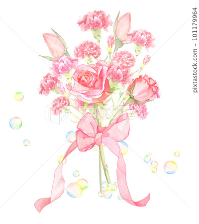 Bouquet of roses and carnations painted by watercolor 101179964