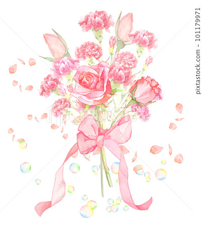 水彩畫的玫瑰和康乃馨花束 101179971