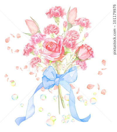 Bouquet of roses and carnations painted by watercolor 101179976