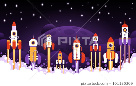 Rocket launches in space with planet, stars in background. Rocket launches in space with planet, stars in background. 101180309