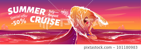 Surfer girl character on sunset sea illustration 101180983
