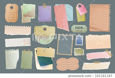 Vintage scrapbooking paper, notes, stickers, tags, tickets. Vector set of to do list or memo messages, notepads and blank torn sheets in retro antique style. Notepaper, reminder, scrapbook memo notice 101181187