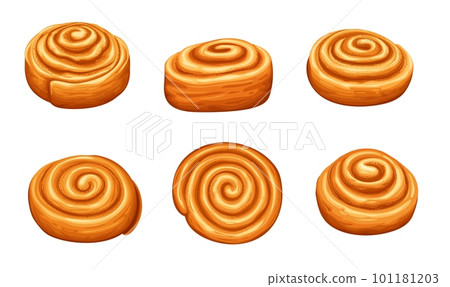 Cinnamon roll buns, sweet pastry made with rolled dough, cinnamon, sugar, and butter. Isolated vector set of baked golden brown doughy dessert with spiral shape. Homemade or cafe breakfast or snack 101181203