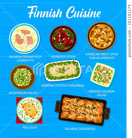Finnish cuisine restaurant food menu. Lohikeitto and pea soups, smoked salmon salad, salmon casserole, Karelian meat stew Karjalanpaisti and herring potato forshmak, mushroom salad, reindeer stew 101181274