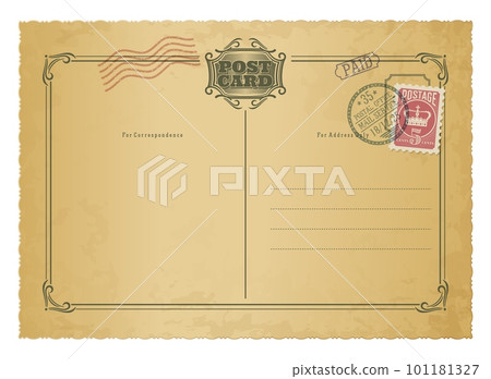 Antique postcard, retro postage stamp on vintage mail. Vector template with grungy texture, frame in retro style, space for text and marks. Old-fashioned post card, letter or invitation Correspondence Antique postcard, retro postage stamp on vintage mail. Vector template with grungy texture, frame in retro style, space for text and marks. Old-fashioned post card, letter or invitation Correspondence 101181327