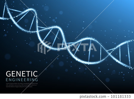 Glow DNA helix, cell or molecule genes abstract vector background of biotechnology, biology and genetic medicine science. Chromosome spiral strand of DNA helix with blue neon light particles 101181333