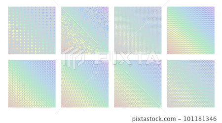 Hologram texture patterns, glitter foil with rainbow gradient. Vector iridescent backgrounds set. Shining multicolor luminous decorative seamless backdrops with stars, waves, abstract dotted ornament Hologram texture patterns, glitter foil with rainbow gradient. Vector iridescent backgrounds set. Shining multicolor luminous decorative seamless backdrops with stars, waves, abstract dotted ornament 101181346