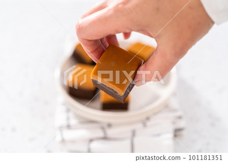 Homemade caramel fudge square pieces on a white plate. 101181351