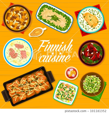 Finnish cuisine menu cover. Salmon casserole, mushroom salad and pea soup, Karelian meat stew Karjalanpaisti, herring potato forshmak and smoked salmon salad, reindeer stew, cream soup Lohikeitto 101181352