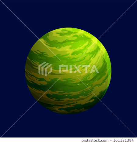Cartoon green space planet for galaxy game or alien fantasy earth, vector icon. Cosmic world planet with green craters surface, space exoplanet or moon in cosmos or extraterrestrial solar system 101181394