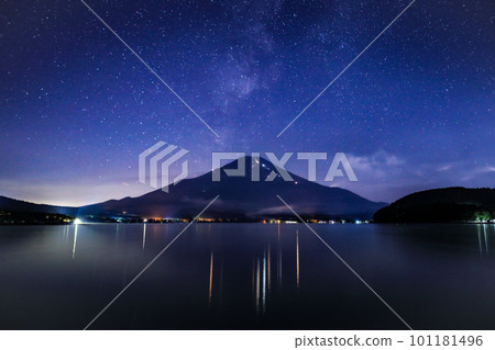 Summer Mt.Fuji climbing light and Milky Way seen from Lake Yamanaka Summer Mt.Fuji climbing light and Milky Way seen from Lake Yamanaka 101181496