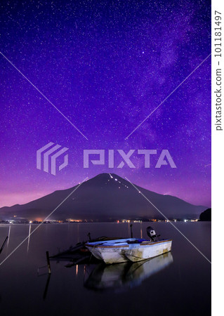 Summer Mt.Fuji climbing light and Milky Way seen from Lake Yamanaka Summer Mt.Fuji climbing light and Milky Way seen from Lake Yamanaka 101181497