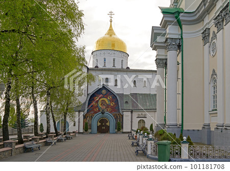 Early morning in the Pochaev Lavra, Ukraine. May 2021. view of the Assumption Cathedral and various buildings and architectural structures 101181708