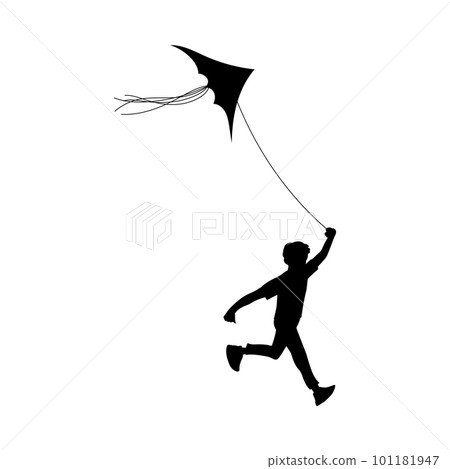 Black silhouette of boy running with flying kite flat style Black silhouette of boy running with flying kite flat style 101181947