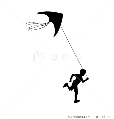 Black silhouette of boy running and flying kite, vector illustration isolated. 101181948