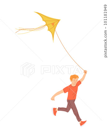 Boy running and flying a kite, flat vector illustration isolated on white. Boy running and flying a kite, flat vector illustration isolated on white. 101181949