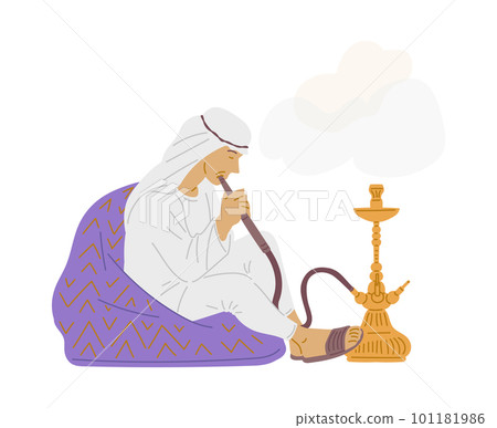 Arabic man in traditional clothes sitting smoking hookah flat vector isolated. 101181986