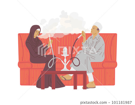 Man and woman in oriental clothes smoking hookah flat style Man and woman in oriental clothes smoking hookah flat style 101181987