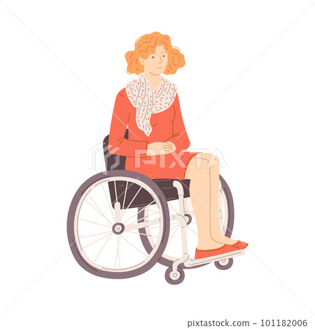 Disabled young woman in wheelchair, flat vector illustration isolated on white background. 101182006