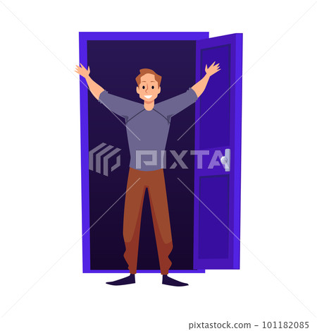 Happy man standing in doorway with open door, flat vector illustration isolated. 101182085