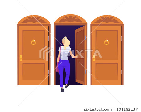 Young woman enters central of three identical brown doors flat style 101182137