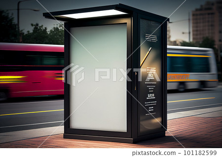Mock up of advertising light box on the bus stop, vertical light box in a bus stop at night, Generative AI Mock up of advertising light box on the bus stop, vertical light box in a bus stop at night, Generative AI 101182599