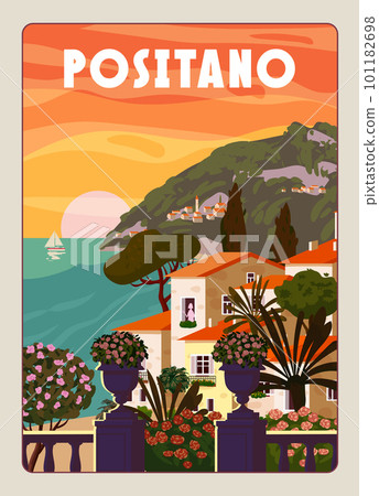 Positano Coast Italy, mediterranean romantic landscape, mountains, seaside town, sea. Retro poster travel 101182698