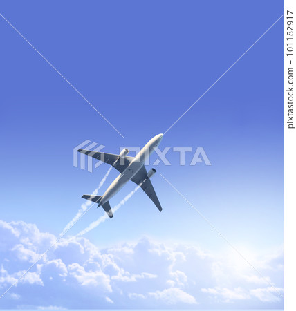 Vertical nature background with aircraft and Jet trailing smoke in the sky. Airplane and condensation trail. Foggy trail jet and plane in blue sky with white clouds Vertical nature background with aircraft and Jet trailing smoke in the sky. Airplane and condensation trail. Foggy trail jet and plane in blue sky with white clouds 101182917