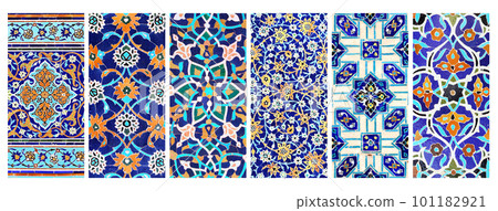 Set of vertical or horizontal banners with detail of ancient mosaic walls with floral and geometric ornaments Set of vertical or horizontal banners with detail of ancient mosaic walls with floral and geometric ornaments 101182921