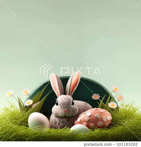cute bunny and decorative eggs on green grass and flowers for easter holiday celebration background card 101183202