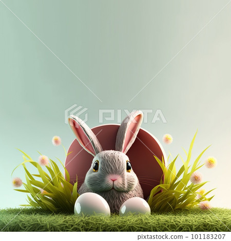 bunny and decorative eggs on green lawn and flowers for easter holiday celebration background card 101183207