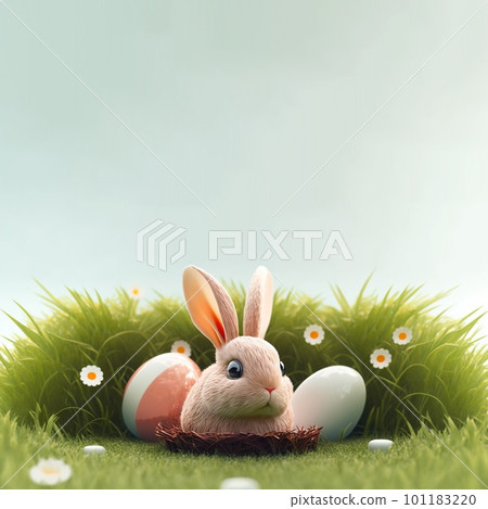 cute bunny and decorative eggs on green lawn... - Stock Illustration ...