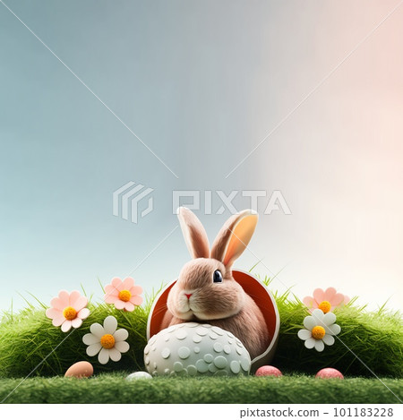 cute bunny and decorative eggs on green lawn and flowers for easter celebration background card 101183228