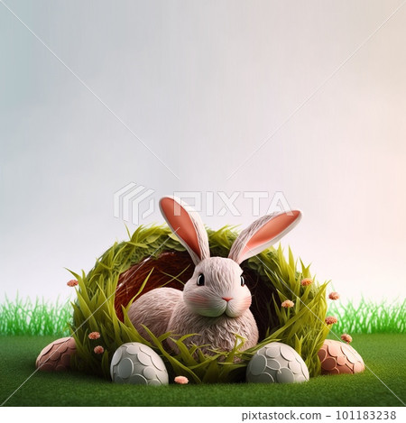 bunny and decorative eggs on green grass and... - Stock Illustration ...