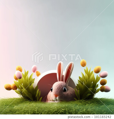 cute bunny and decorative eggs on green grass... - Stock Illustration ...