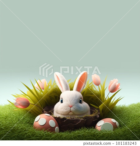 cute bunny and decorative eggs on green lawn and flowers for easter celebration background card with copy space cute bunny and decorative eggs on green lawn and flowers for easter celebration background card with copy space 101183243