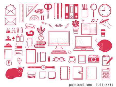 簡約文具和商務圖標集工作貓PC文具遠程工作學習 101183314