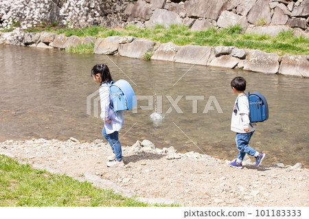 Elementary school students playing in the river 101183333